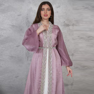 Ropa islámica nueva Abaya 2025 cárdigan bordado de flores de satén de lujo conjunto de 2 piezas Abaya modesto abierto Abaya mujeres vestido musulmán - Product Image 4