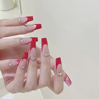 Uñas Postizas Largas Tipo Ataúd al por Mayor, Color Borgoña con Estrellas, Uñas Artificiales Personalizadas con Etiqueta Privada, Suministros de Belleza para Uñas