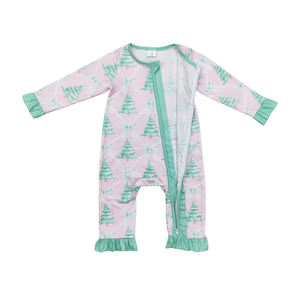 Bebé niña rosa árboles de Navidad imprimir niños al por mayor mameluco de manga larga con cremallera mono niño conjunto de Navidad - Product Image 3