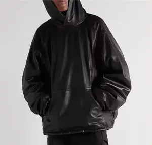 Custom Streetwear Dropped Shoulder Hoodies No String Pullover Oversized Black Pu Leather Hoodie Jacket For Men