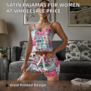 Pijamas Casuales de Satén para Mujer al Por Mayor, Cintura Elástica, Transpirables, Térmicas, de Punto, Poliéster/Algodón, Cuello en V, Sin Mangas - Product Image 2