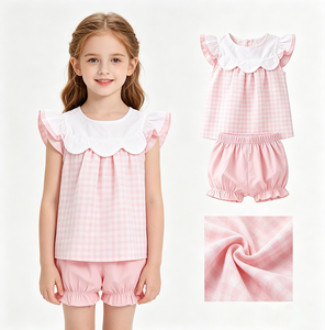 Custom Casual Summer Pink Plaid Print Cotton Spandex Kids Scallop Edge T-Shirt Bloomer 2 Pieces Outfits <b>Sister</b> Cute Clothes Sets - Product Image 1