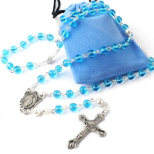 Cuentas de cristal rosa y azul claro de 6mm con cuentas de perla Glory Collar De Rosario Católico con bolsa de regalo de terciopelo - Product Image 4
