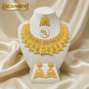 Ethiopian Style Geometric Pattern 24K Gold Plated Chokers Necklace and Earrings Set with Box <b>Chain</b> for Women's Trendy Fashion - Product Image 1