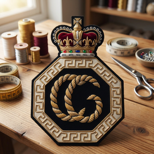 Patch brodé personnalisé CG avec motif d'aigle couronné, broderie à la main au fil de soie doré. - Product Image 1