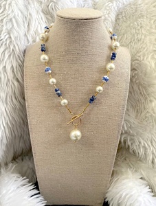 Collier personnalisé vintage géométrique plaqué or 18 carats avec perles d'imitation et pierre précieuse bleue, fait main, unisexe, bijou d'été, cadeau - Product Image 2