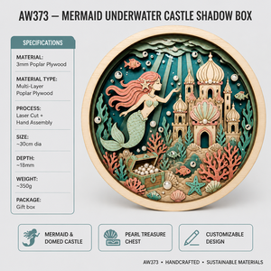 Scatola Ombra 3D Personalizzata con Sirena per Decorazione Murale |   Decorazioni per la cameretta dei bambini a tema Castello Sotto il Mare |   Compensato di Pioppo Stratificato |   Regalo per Bambini - Product Image 6