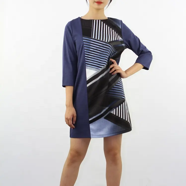 Women 3/4 sleeve mini length navy blue geometrical print digital print casual dress