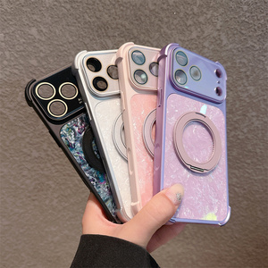 Coque de téléphone magnétique Gradient Bumper Seashell avec anneau support pour iPhone 17 16 15 Pro Max, support caméra en verre, coque arrière néon - Product Image 3