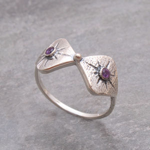 Anillo de Plata de Ley 925 con Amatista, Engaste de Bisel, Patrón de Estrella Geométrica, Anillo Bohemio con Piedra Preciosa, Unisex - Product Image 4