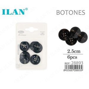Bottoni Ilan 2,5 cm 6 Pezzi Neri Rotondi a Quattro Fori per Abbigliamento - Product Image 1