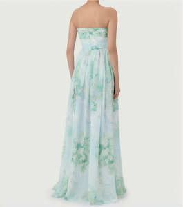 Abito lungo <span class=keywords><strong>da</strong></span> donna senza spalline in chiffon floreale, stampa <span class=keywords><strong>verde</strong></span> azzurro, modello a trapezio, elegante per damigelle e invitati a matrimoni - Product Image 2