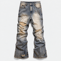 DiZNEW Jeans évasés cloutés personnalisés pour homme, en denim épais déchiré et vieilli, avec imprimé monogramme, style streetwear