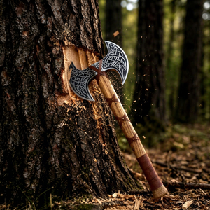 Hache Viking artisanale gravée, en acier à haute teneur en carbone, manche en bois, revêtement en cuir - Outil de camping, cadeau personnalisé, garantie 3 ans - Product Image 1