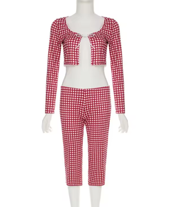 Viviblook Z1229ST01 Tenues estivales à carreaux Nouveau ensemble 2 pièces avec short à lacets et boutons, haut court à manches longues et pantalon court - Product Image 2