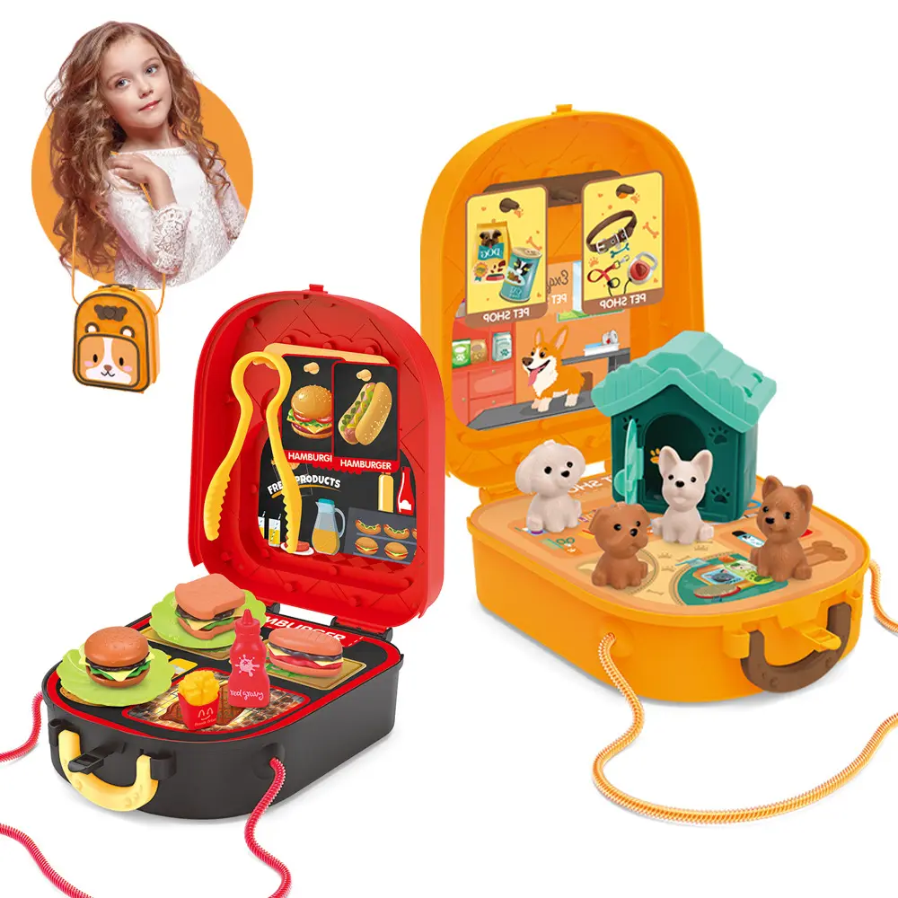 Zhiqu Toy 2 in 1 숄더백 시리즈 플라스틱 주방 놀이 세트 햄버거 애완 동물 의사 미니 주방 장난감 아이들을위한 실제 요리 세트