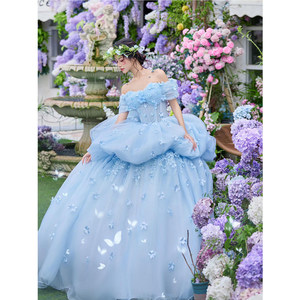 Blue Ball Gown Wedding Dress Strapless Empire Waist Puffy Princess Style For Bridal Events And Coming Of Age Ceremonies - Product Image 3