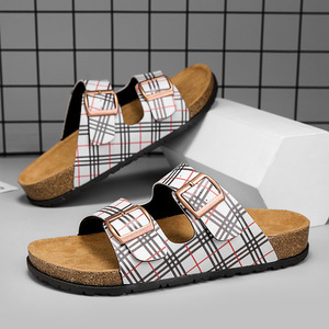 Designer Plaid Pattern Artificial Leather Slides slippers Open Toe Cork <b>Insole</b> Rubber Sole Fashion Summer men's slide Slippers - Product Image 2