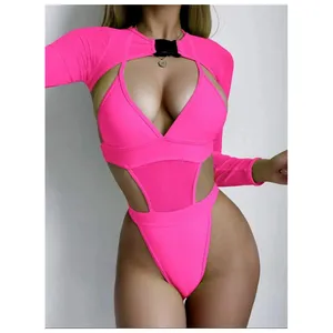 Neon Pink Swimsuit Women One Piece Swimwear Long Sleeve Cover Up Sexy High Cut Monokini Buckle Bathing Suit 2023 Trajes De Bano