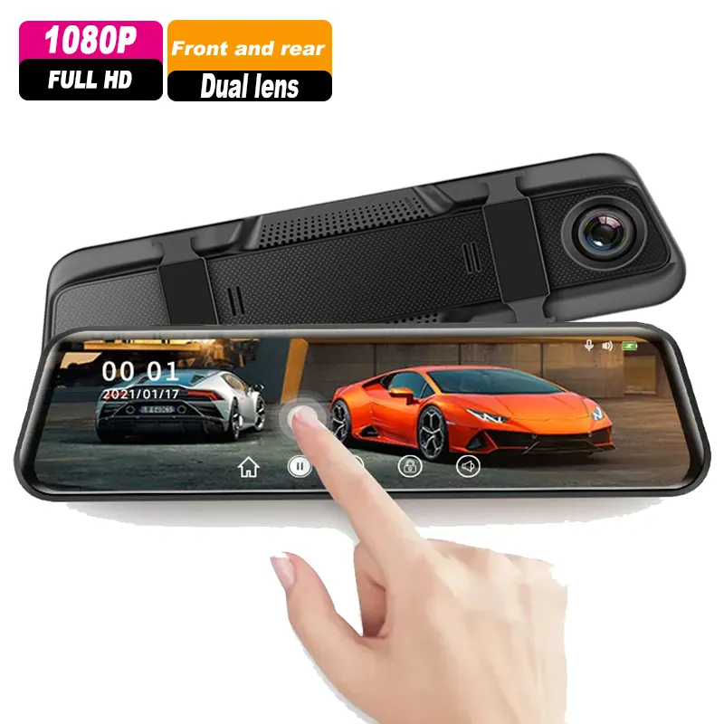 10 inch màn hình cảm ứng 1080P dòng xe DVR gương chiếu hậu Dash Cam phía trước và phía sau ống kính kép Dashcam 1080P xe Dash máy ảnh