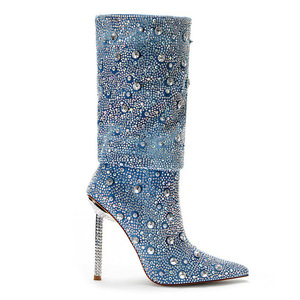 2023 stivali di vitello in <span class=keywords><strong>denim</strong></span> personalizzati alla moda stivali a punta con strass a spillo <span class=keywords><strong>scarpe</strong></span> da donna - Product Image 1