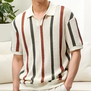 Custom Light Summer Men's Short Sleeve Sweater V-Neck Knit with Hollow out Striped Polo Collar Casual Style Pullover
