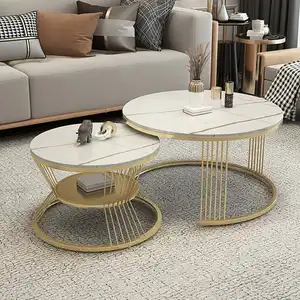 Zeitgenössischer runder Nesting Couch tisch Gold Metall Seiten glas Marmor 2 Stück Tee Couch tisch Set Mittel tisch