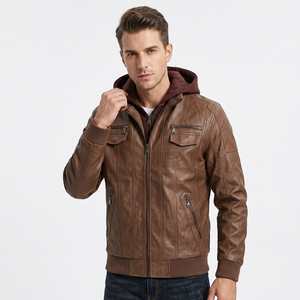 Chaqueta de Cuero Marrón Auténtico para Hombre, Estilo Bomber, con Capucha Desmontable, Ribete de Punto, Diseño Clásico, Abrigo Cálido de Invierno - Product Image 1
