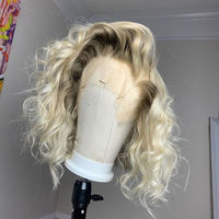 Perruque courte et droite blonde avec frange, cheveux humains vierges brésiliens, ondulations profondes, base en dentelle transparente, toupet pour femme