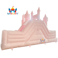 Château gonflable rose sur le thème des princesses avec piscine à balles, aire de jeux extérieure pour enfants.