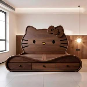 <span class=keywords><strong>Lit</strong></span> en bois massif finition noyer, style bois massif antique, idéal pour les petits espaces, design minimaliste moderne, design « Hello Kitty » pour enfants - Product Image 2