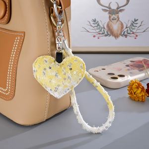 HR Customized Embossing Printing Women Fashion Clothing Accessories <b>Bag</b> <b>Charm</b> Girls Car Key Chain Sequins Denim Heart Keychains - Product Image 4