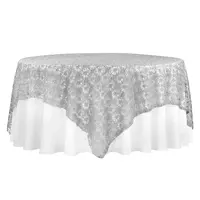 Silver Sparkle Studded Chemical Sequin Lace Square Embroidery Tablecloth