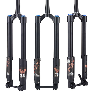 Fourche de vélo de montagne en alliage d'aluminium avec frein à disque inversé, axe traversant, tige droite, ressort pneumatique, débattement de 140 mm, tige de 28,6 mm - Product Image 1