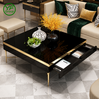 Table basse moderne de luxe en verre noir avec structure en acier inoxydable doré, table centrale de salon avec tiroir de rangement, mobilier de maison