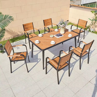 Ensemble de salle à manger de luxe empilable pour patio, 6 pièces, en aluminium, avec table en bois composite et 6 chaises en corde pour extérieur et jardin