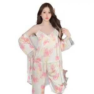 봄과 가을 숙녀 실크 잠옷 섹시한 고삐 가운 잠옷 긴 소매 바지 홈웨어 새틴 3 피스 나이트 세트