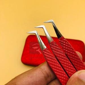 Professional Japanese Sustainable Stainless Steel Diamond <b>Grip</b> L Eyelash Extension Tweezers Pointed Red Volume Lash Tweezers - Product Image 2