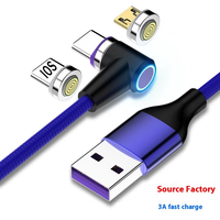 Kabel Data Magnetik Sudut Kanan 3A Pengisian Cepat 5A Android Micro USB Selubung TPE Kabel Transfer Satu-ke-Tiga untuk Komputer & Kamera