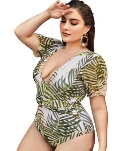 सस्ते महिला प्लस आकार swimwear लघु आस्तीन बिकनी पत्ती प्रिंट कमर एक टुकड़ा beachwear