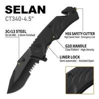 Couteau de poche pliant tactique EDC de sauvetage à ressort, lame noire en acier 3Cr13, manche G10, avec coupe-circuit HSS et brise-vitre