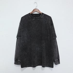เสื้อยืดแขนยาวผู้ชายไซส์ใหญ่ แพ็คคู่ ผ้าฝ้าย 100% สไตล์วินเทจ ล้างสีแบบแอซิดวอช ดีไซน์ขาดๆ - Product Image 1