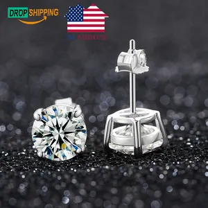 Dropshpping USA Stock Bling Luxury Handmade Push Back 925 Sterling Silver VVS Moissanite Diamond Classic Solitaire Stud Earring