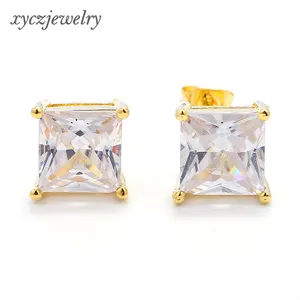 Simple brass jewelry white crystal zircon 6-8 mm single square stud earring