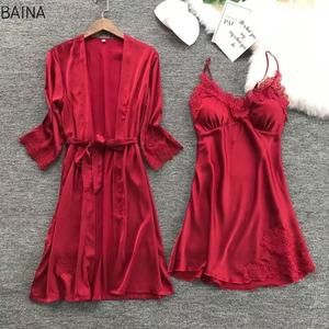 ชุดคลุมอาบน้ำผ้าไหมสำหรับผู้หญิง ชุดนอนผ้าไหมลูกไม้ พร้อมเสื้อคลุม ชุดนอน ชุดเดรสสำหรับนอน - Product Image 3