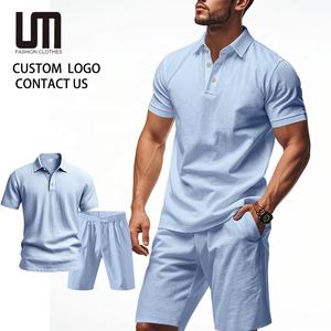 Soldes d'été : Ensemble décontracté en lin pour <span class=keywords><strong>homme</strong></span> - Chemise à manches courtes et short à taille élastique longueur genou, respirant et confortable - Product Image 1