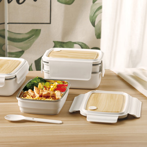 304 Stainless Steel <b>Lunch</b> <b>Box</b> Wood Grain Double Layer Bento <b>Box</b> For Students And Office Workers - Product Image 1