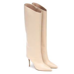 Bottes hautes en <span class=keywords><strong>cuir</strong></span> Pu <span class=keywords><strong>Beige</strong></span> noir pour femmes, bottes longues pour dames, cuissardes pointues, bottes à fermeture éclair sur le côté - Product Image 1
