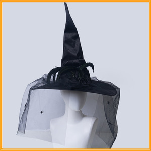 Chapeau de sorcière à <span class=keywords><strong>volants</strong></span> pour Halloween avec voile en plumes et motif araignée, accessoire de costume haut de gamme, modèle WSJTZ2/HZWKW (Chine, autre matériau) - Product Image 1