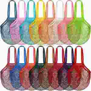 Sac de courses en filet de coton réutilisable avec logo personnalisé, couleurs naturelles beige arc-en-ciel, sac à fruits en filet promotionnel - Product Image 6